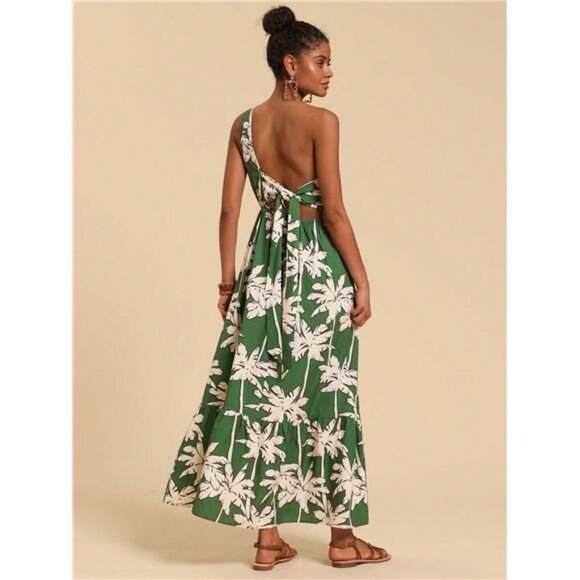 Variété Boutique Dresses & Skirts - Woven Tropical Palm Tree Print One-Shoulder Dress For Women